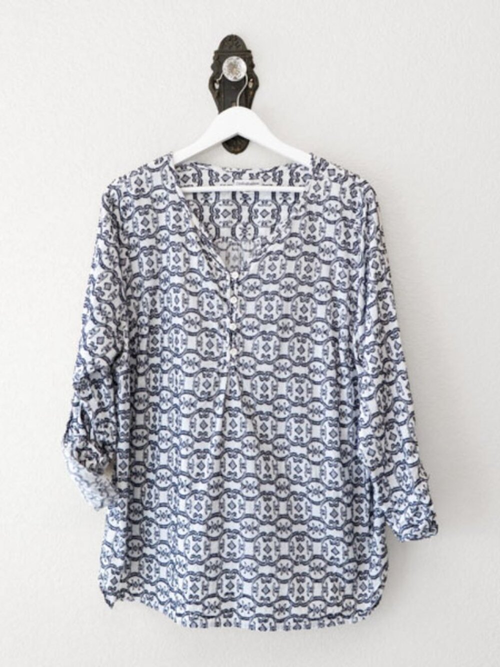 Croft & Barrow 1X Textured Popover Top Blue White Cotton Boho Lightweight Plus